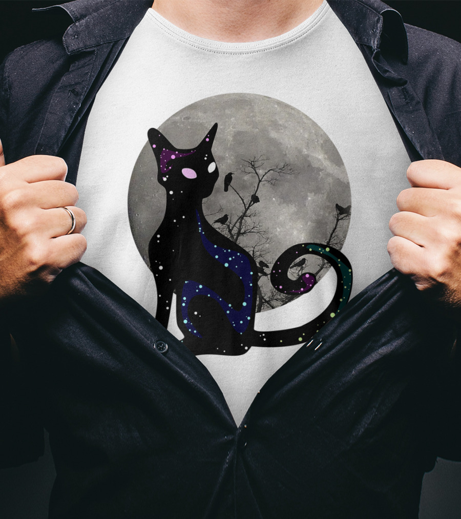 Halloween Scary Black Cat Gothic Full Moon Ravens T-Shirt