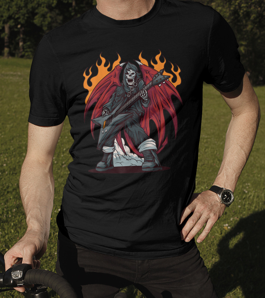 Heavy Metal Guitarist Red Winged Flaming Skull T-Shirt