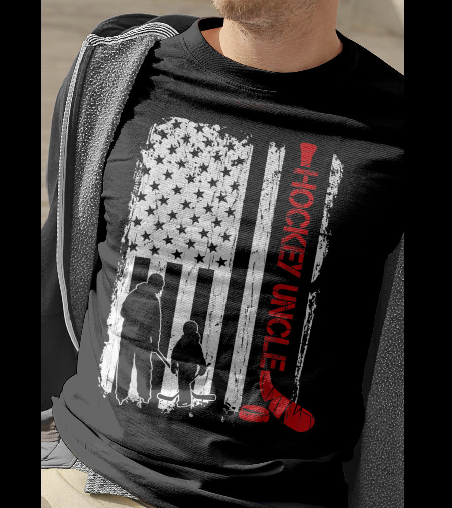 Hockey Uncle American Flag Silhouette With Stick And Player T-Shirt