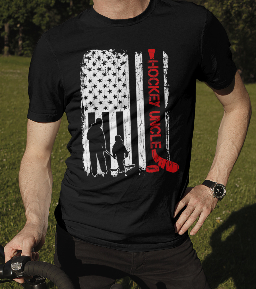 Hockey Uncle American Flag Silhouette With Stick And Player T-Shirt