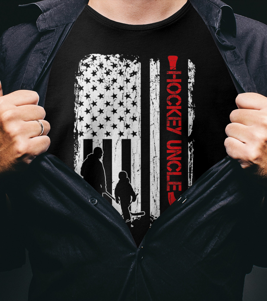 Hockey Uncle American Flag Silhouette With Stick And Player T-Shirt
