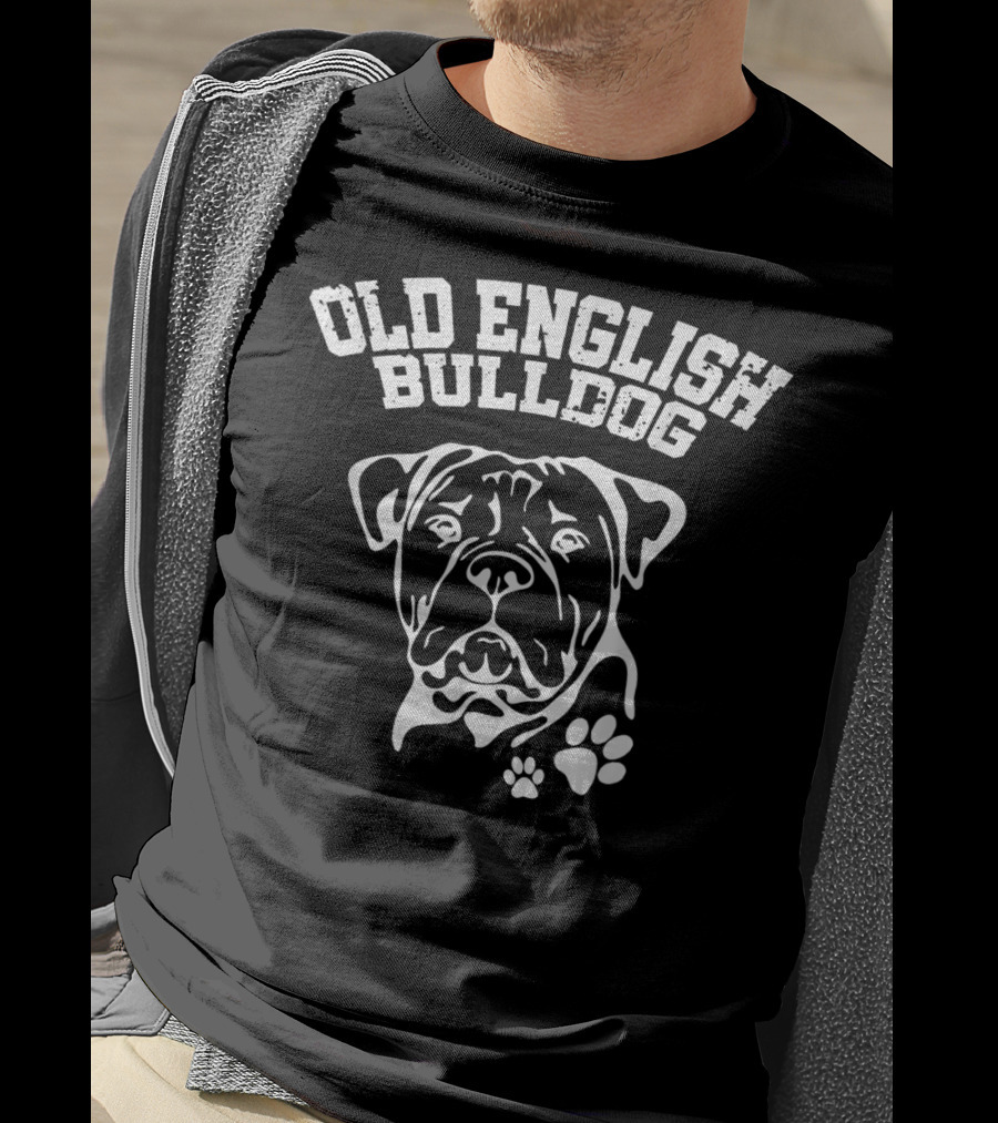 Old English Bulldog Illustration With Text And Paw Prints T-Shirt