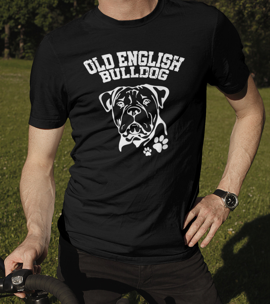 Old English Bulldog Illustration With Text And Paw Prints T-Shirt
