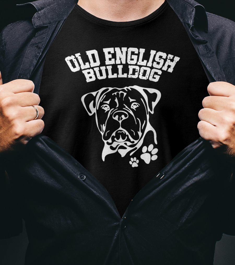Old English Bulldog Illustration With Text And Paw Prints T-Shirt