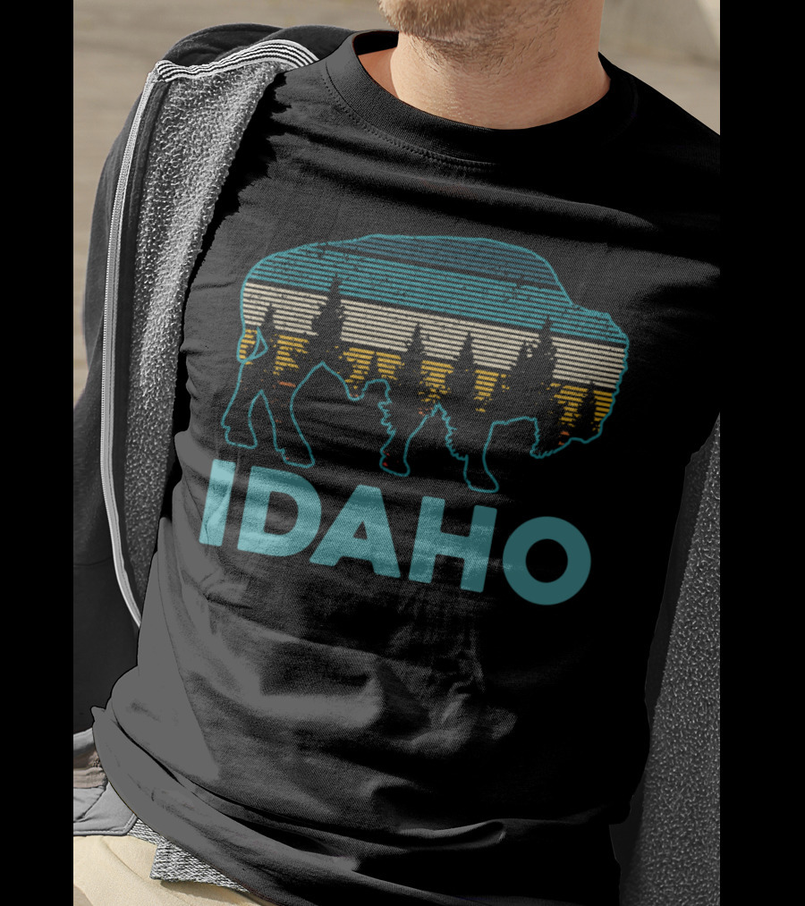 Idaho Bison Vintage American Buffalo Silhouette With Forest And Stripes T-Shirt