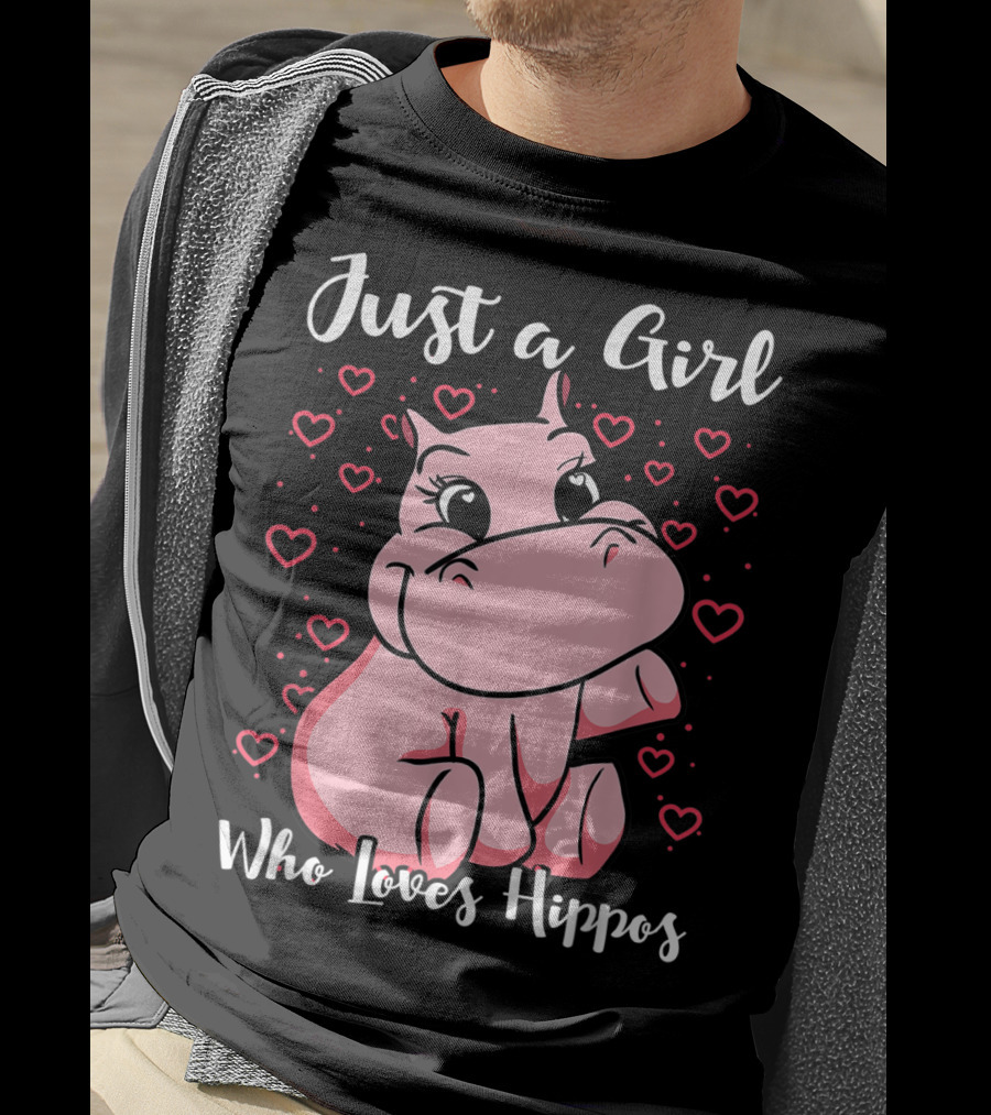 Just A Girl Who Loves Hippos Cute Animal Pink Hearts T-Shirt