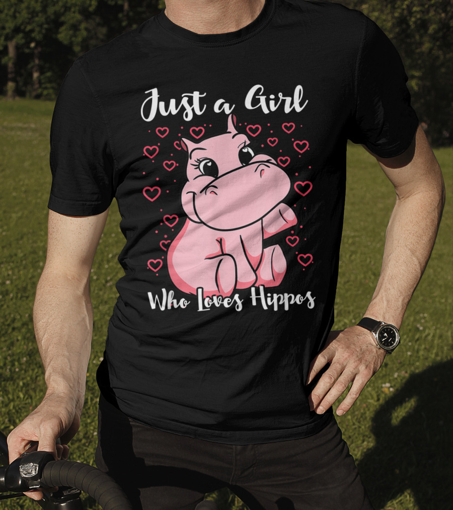 Just A Girl Who Loves Hippos Cute Animal Pink Hearts T-Shirt