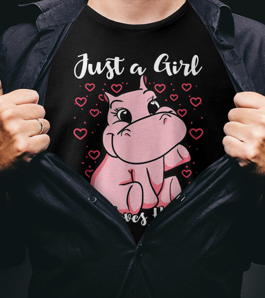 Just A Girl Who Loves Hippos Cute Animal Pink Hearts T-Shirt