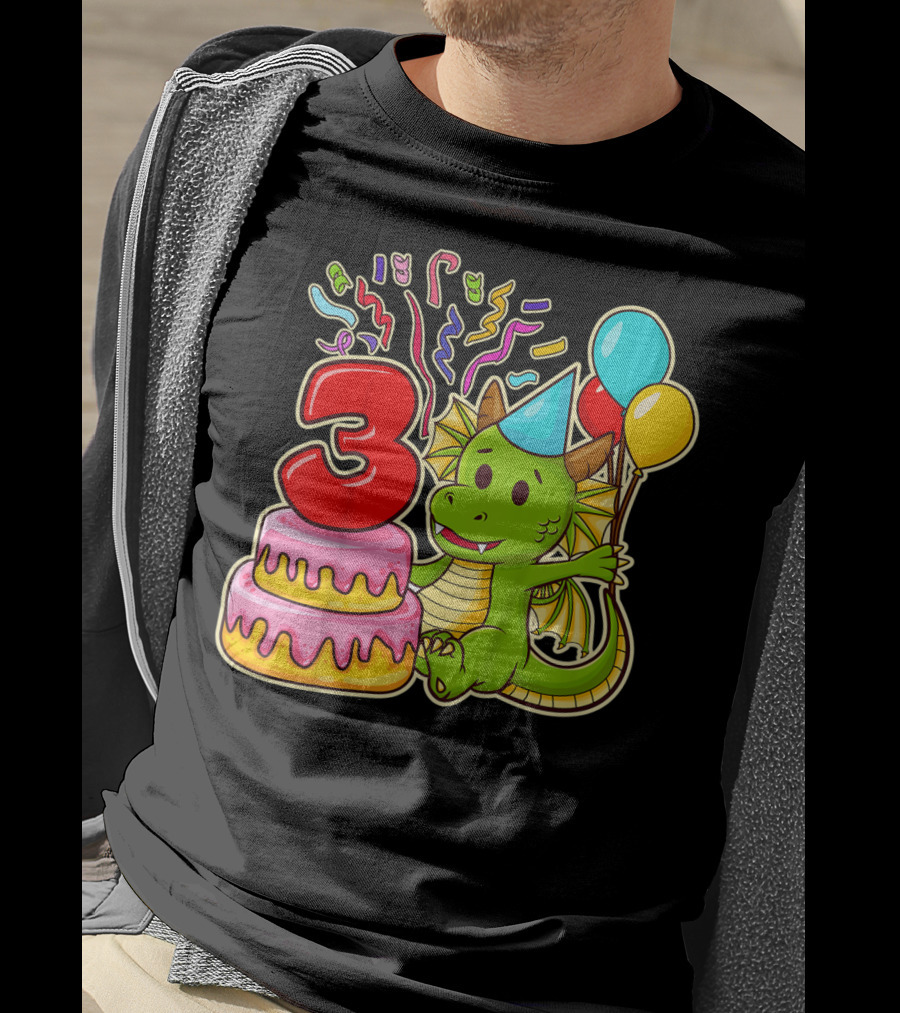 Kids 3rd Birthday Dragon Party Cake Balloons Confetti 3 Year Old T-Shirt
