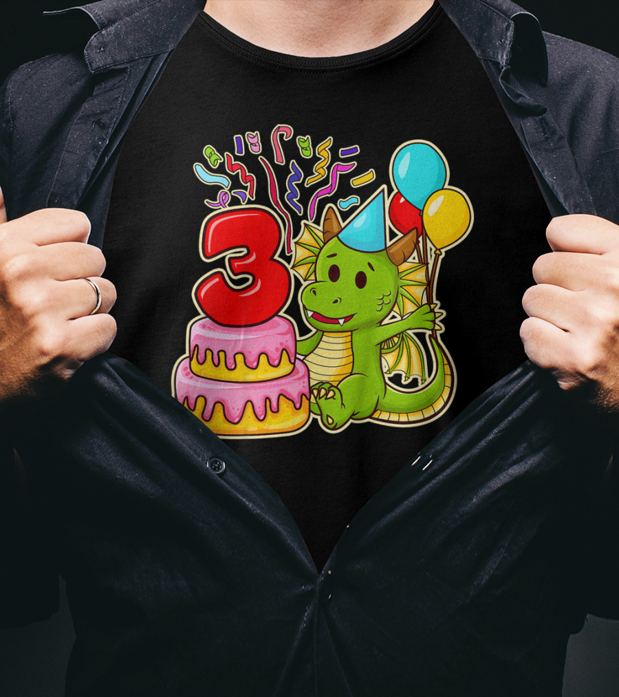 Kids 3rd Birthday Dragon Party Cake Balloons Confetti 3 Year Old T-Shirt