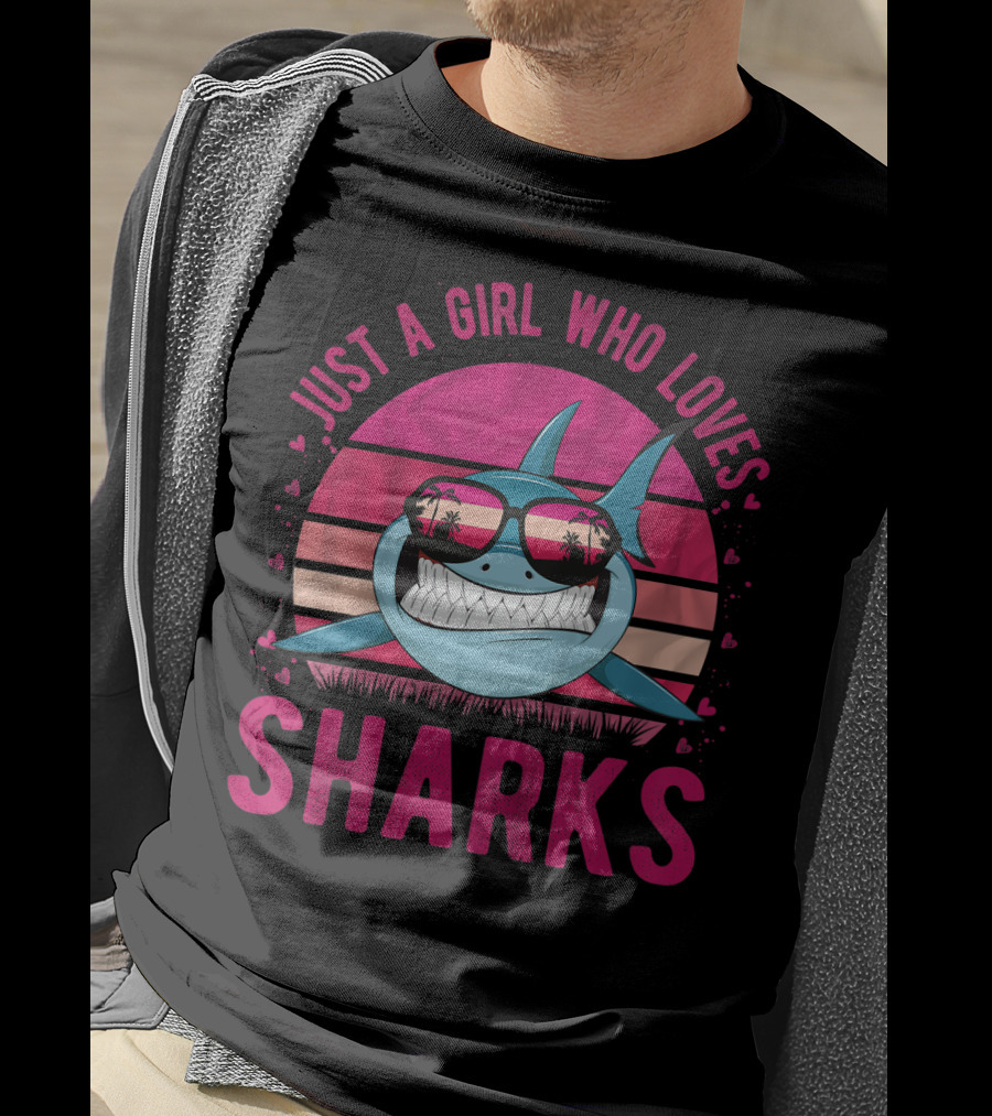 Just A Girl Who Loves Sharks Retro Sunset T-Shirt