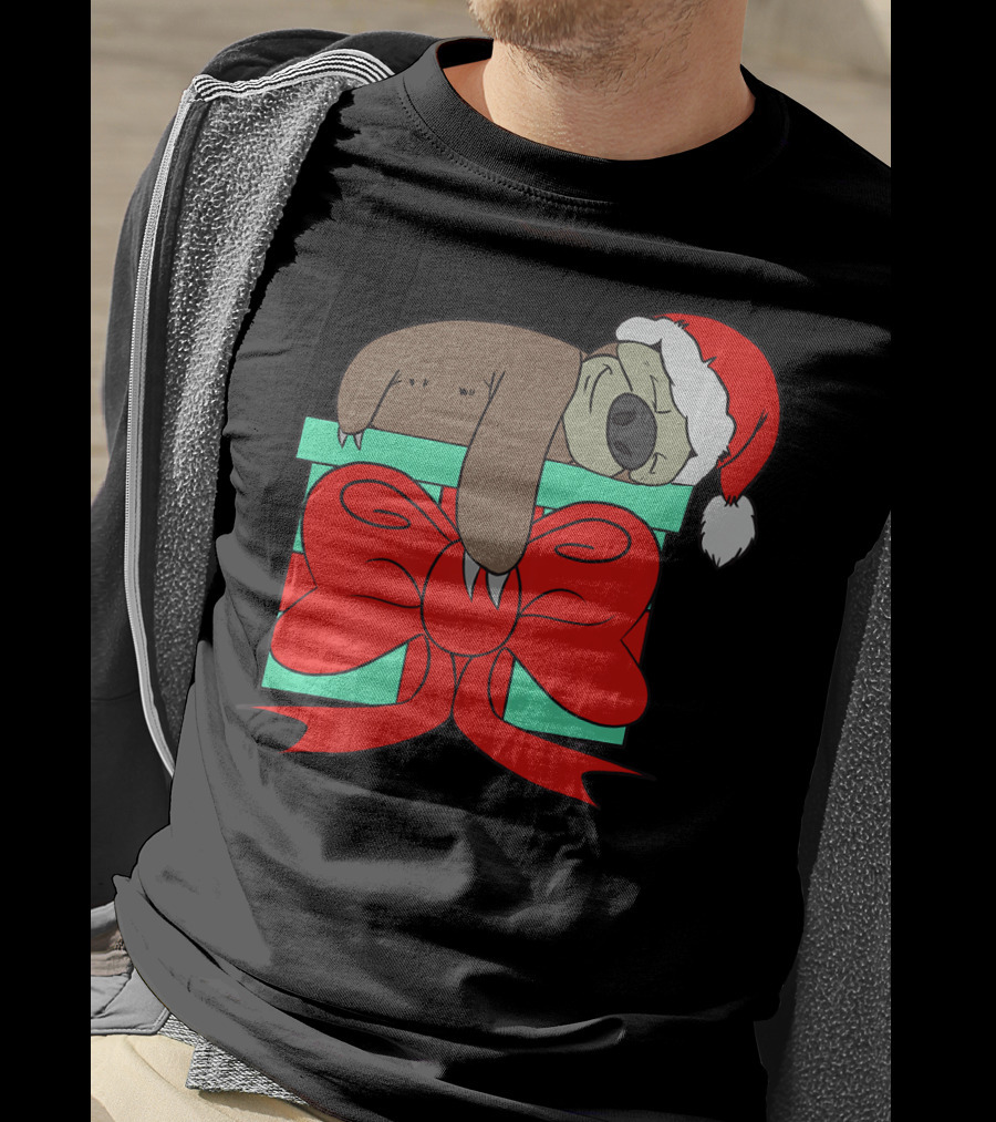 Lazy Christmas Sloth With Santa Hat And Gift Box Cute Funny Love It T-Shirt