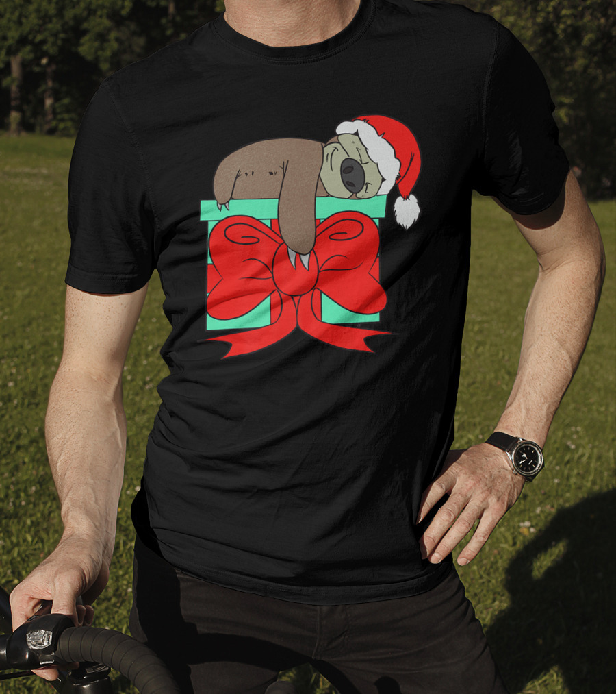 Lazy Christmas Sloth With Santa Hat And Gift Box Cute Funny Love It T-Shirt