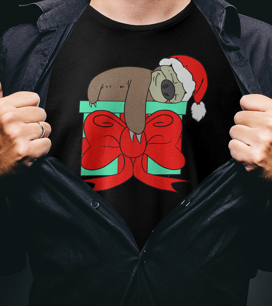 Lazy Christmas Sloth With Santa Hat And Gift Box Cute Funny Love It T-Shirt