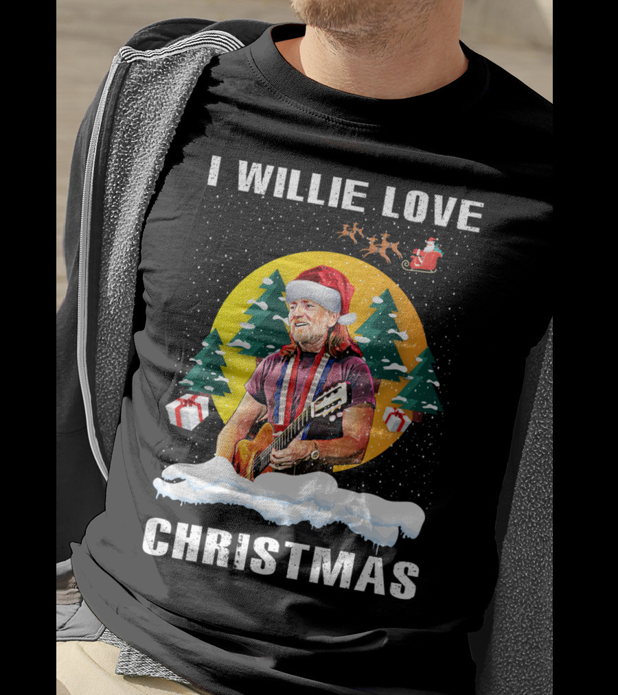 I Willie Love Christmas Santa Hat Guitar Snow Scene T-Shirt