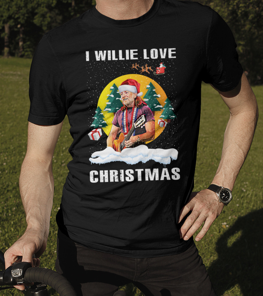 I Willie Love Christmas Santa Hat Guitar Snow Scene T-Shirt