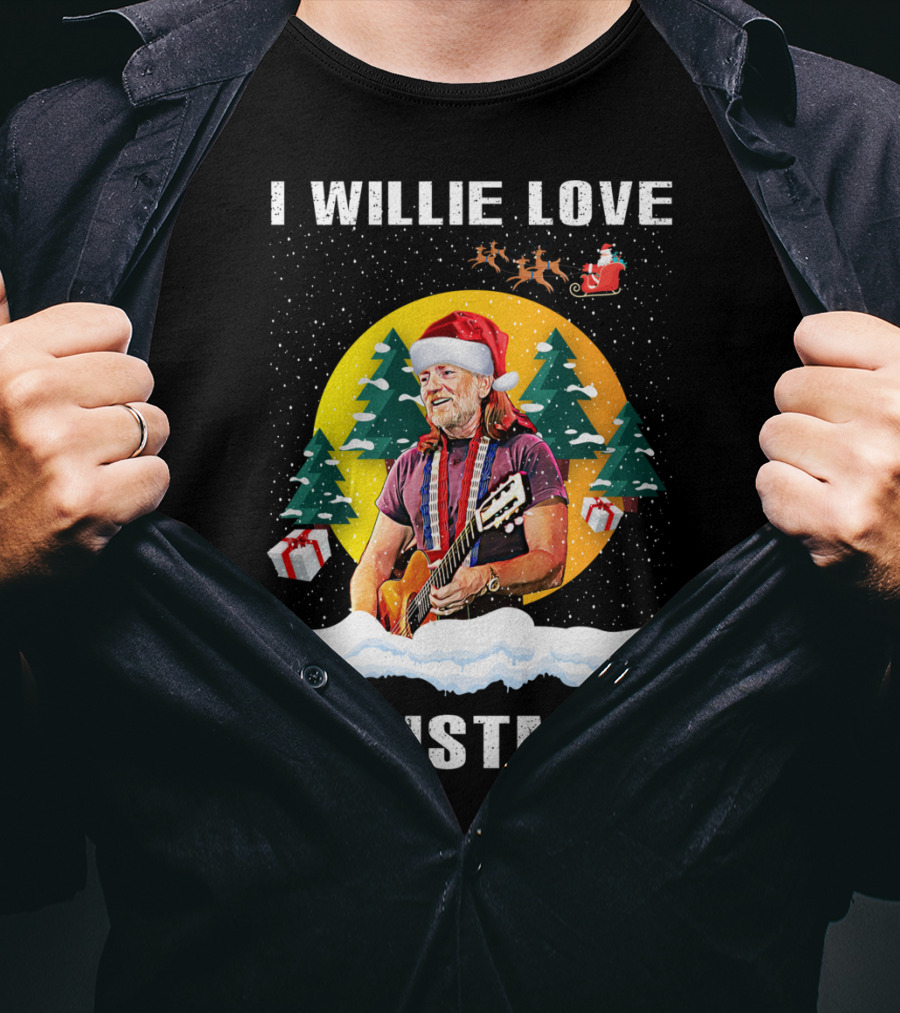I Willie Love Christmas Santa Hat Guitar Snow Scene T-Shirt
