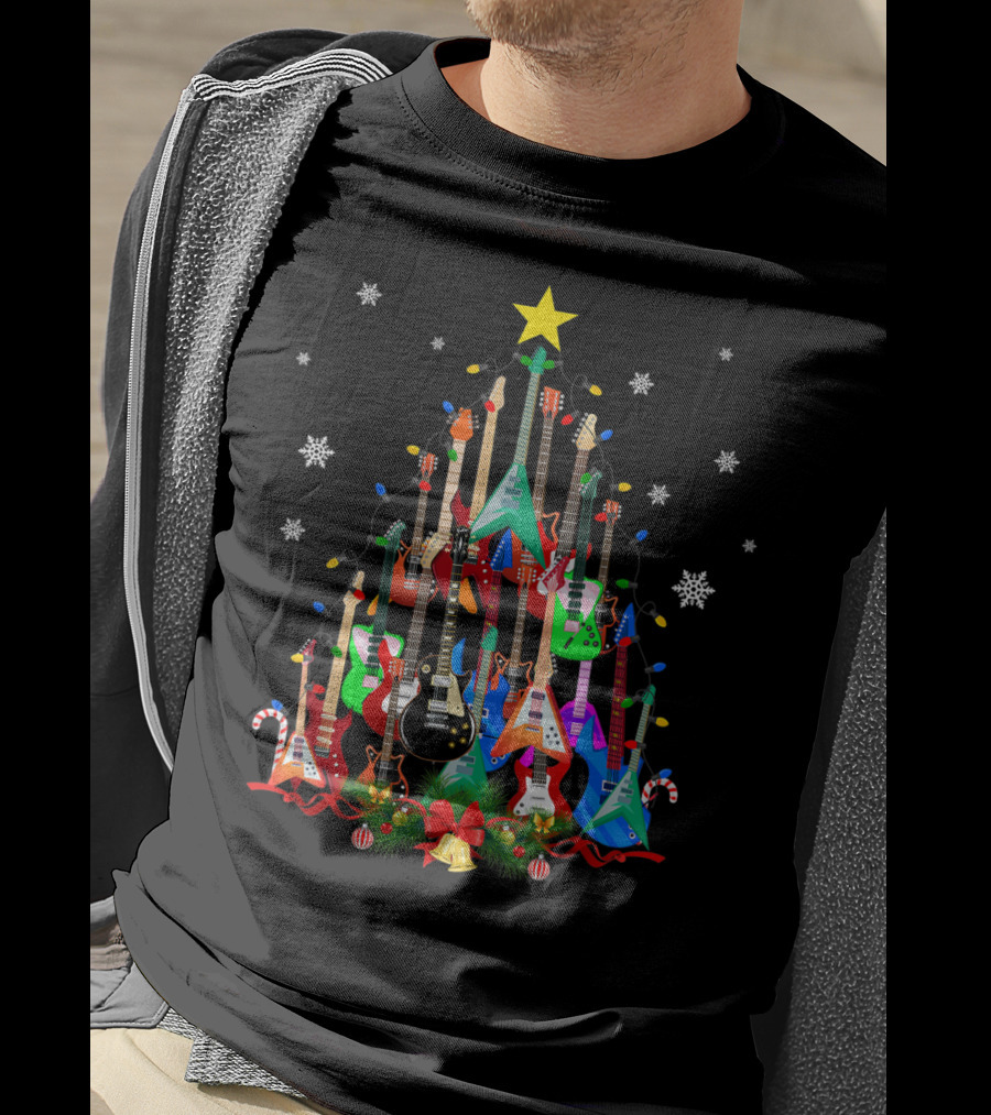 Mens Womens Guitar Christmas Tree Star Candy Canes Snowflakes Holiday Lights T-Shirt