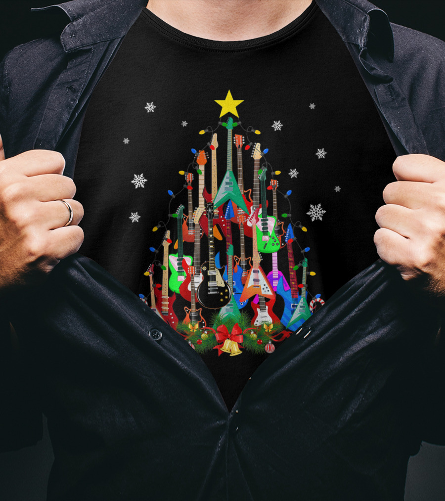 Mens Womens Guitar Christmas Tree Star Candy Canes Snowflakes Holiday Lights T-Shirt