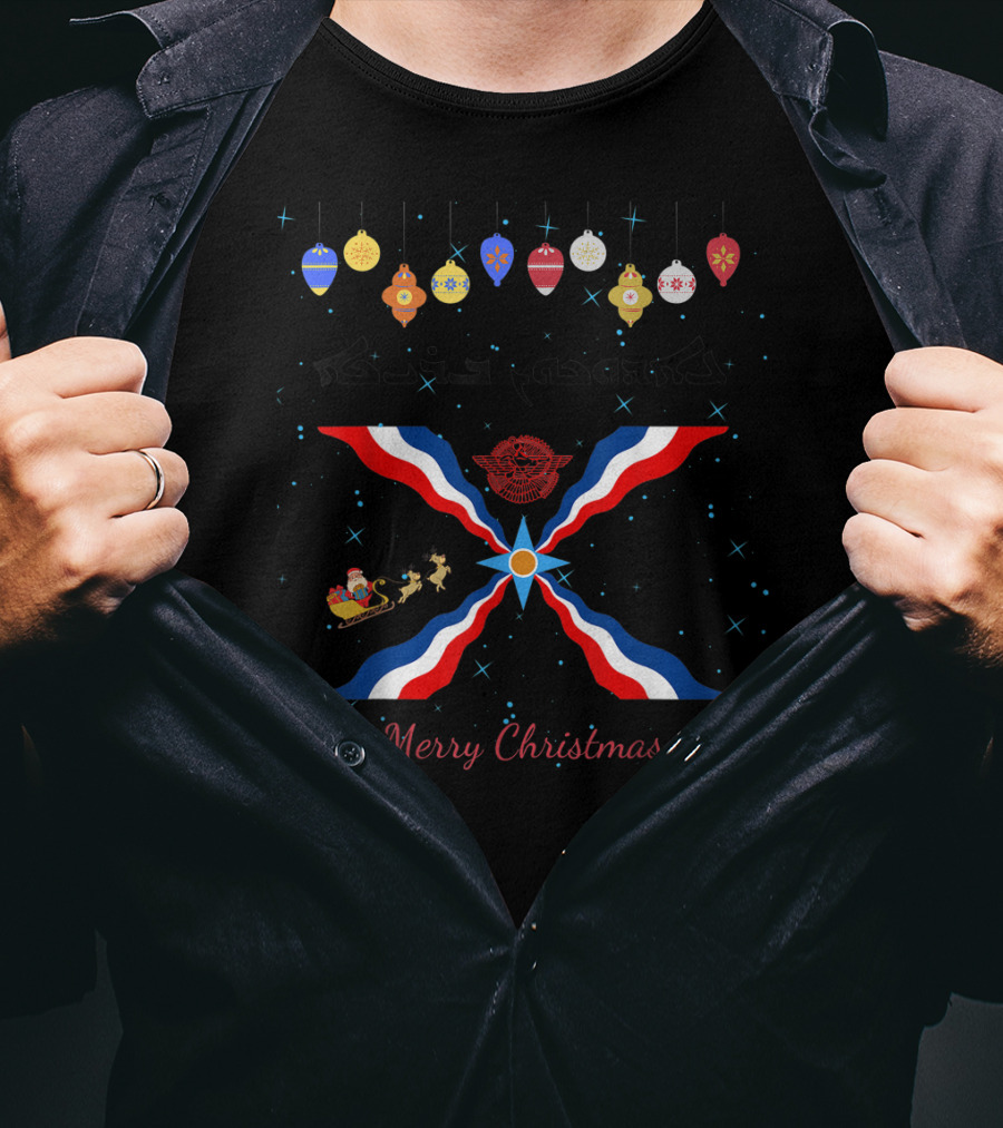 Merry Christmas Aramaic Eedokhoon Breekhaa Festive Ornaments And Assyrian Flag With Santa Sleigh T-Shirt