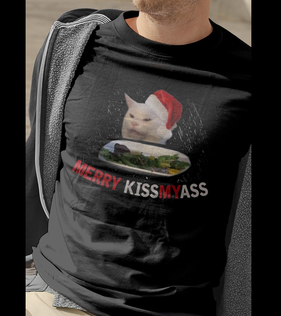 Merry Kissmyass Smudge Cat Funny Xmas Family Santa Hat T-Shirt