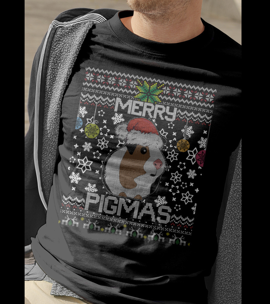 Merry Pigmas Ugly Christmas Humor With Santa Hat Guinea Pig And Snowflakes T-Shirt