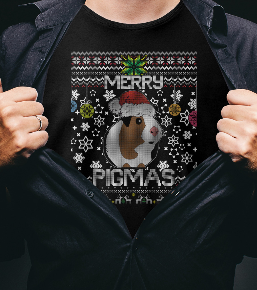 Merry Pigmas Ugly Christmas Humor With Santa Hat Guinea Pig And Snowflakes T-Shirt