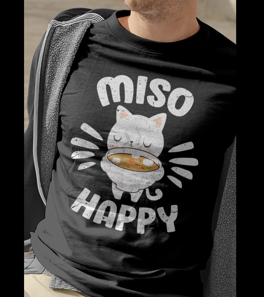 Miso Happy Japanese Cat Holding Soup Bowl Food Pun T-Shirt