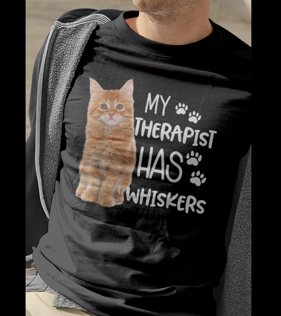 My Therapist Has Whiskers Funny Cat Lovers With Paw Prints And Orange Kitten T-Shirt