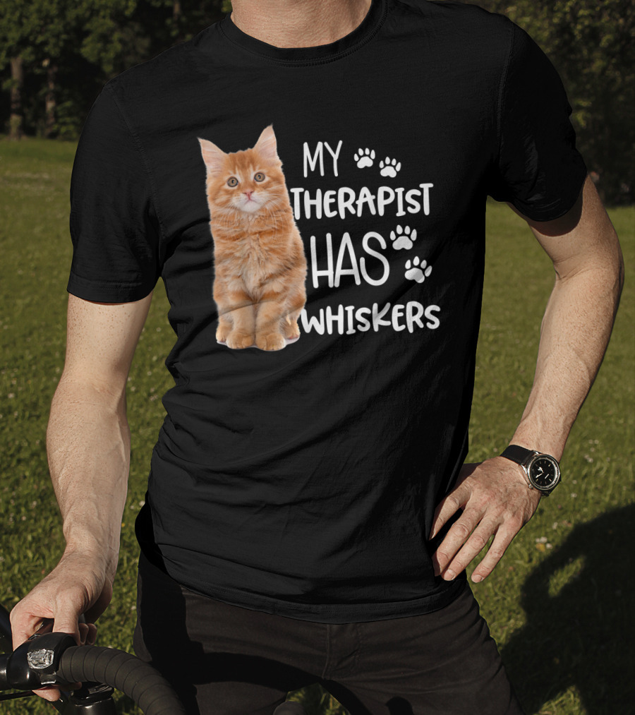 My Therapist Has Whiskers Funny Cat Lovers With Paw Prints And Orange Kitten T-Shirt