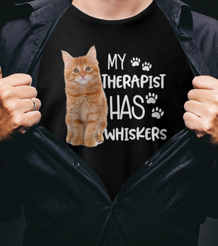 My Therapist Has Whiskers Funny Cat Lovers With Paw Prints And Orange Kitten T-Shirt