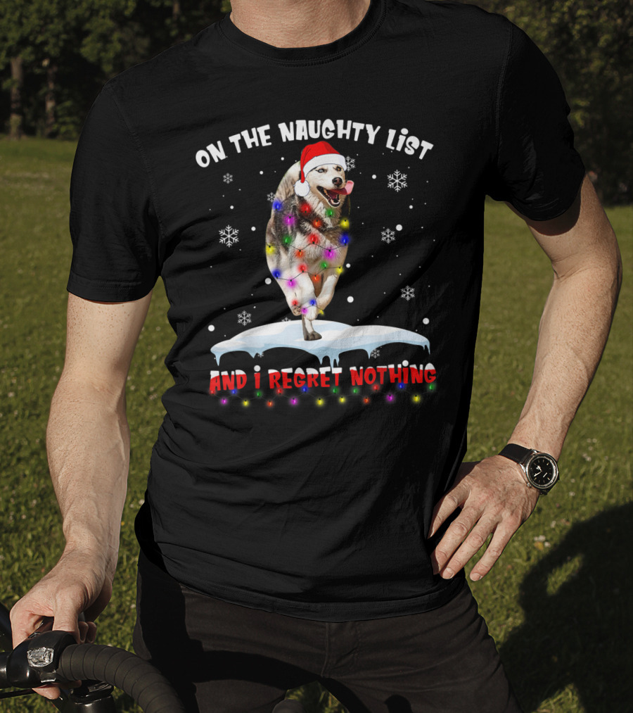 On The Naughty List And I Regret Nothing Husky In Santa Hat With Christmas Lights And Snowflakes T-Shirt