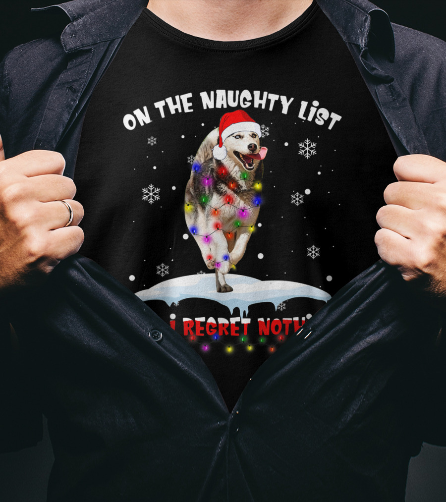 On The Naughty List And I Regret Nothing Husky In Santa Hat With Christmas Lights And Snowflakes T-Shirt