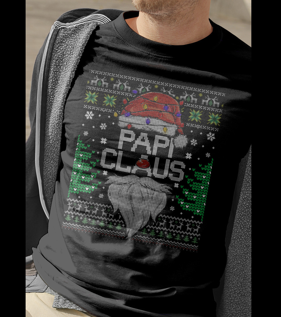 Papi Claus Santa Ugly Christmas Sweater Lights Beard Trees Snowflakes T-Shirt
