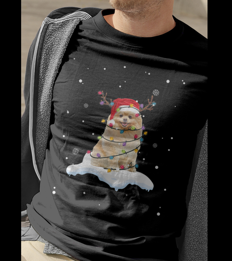 Pomeranian Santa Hat Wrapped In Christmas Lights With Reindeer Antlers And Snowflakes T-Shirt