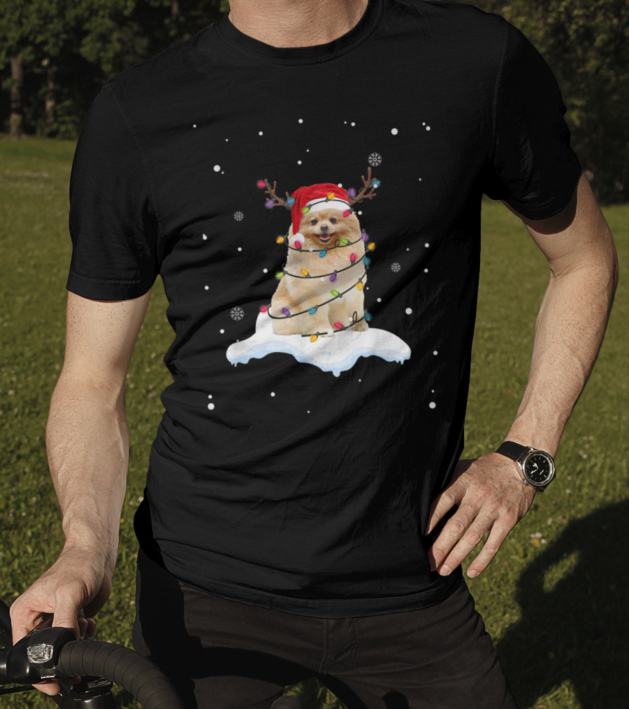 Pomeranian Santa Hat Wrapped In Christmas Lights With Reindeer Antlers And Snowflakes T-Shirt