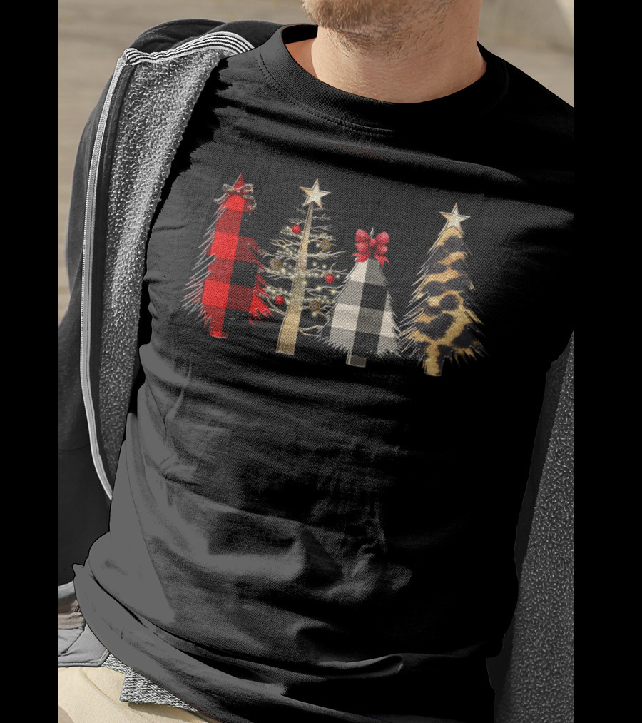 Red Plaid Black White Gold Leopard Christmas Trees T-Shirt