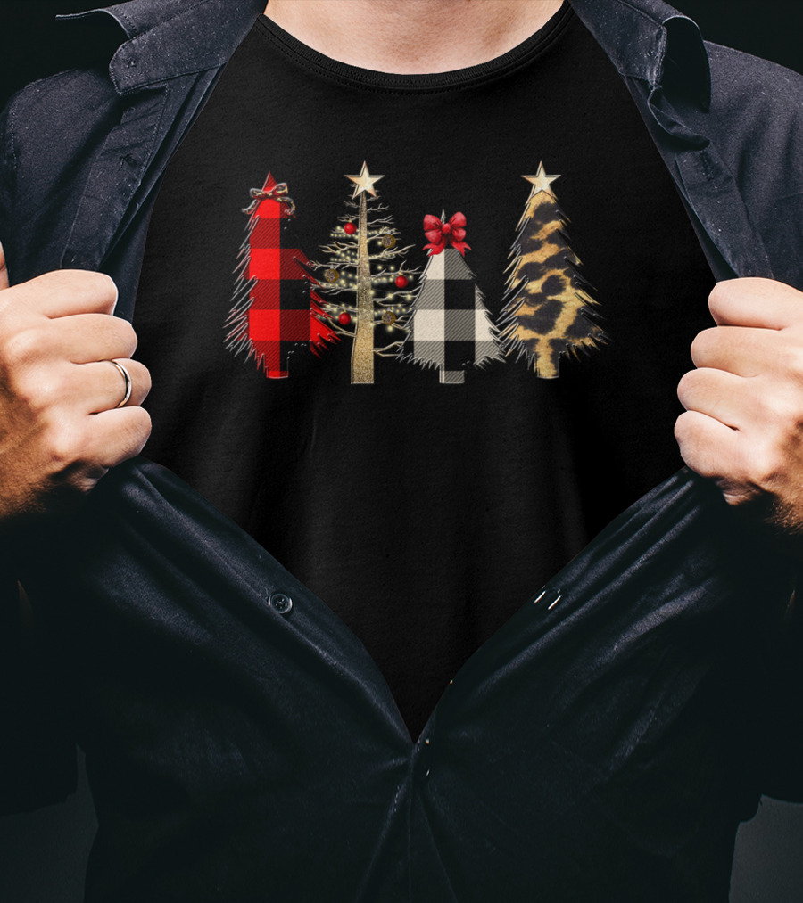 Red Plaid Black White Gold Leopard Christmas Trees T-Shirt