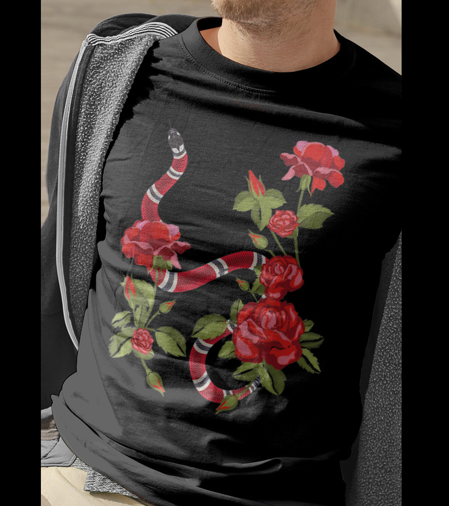 Royal Striped Snake And Flower Red Roses Botanical T-Shirt