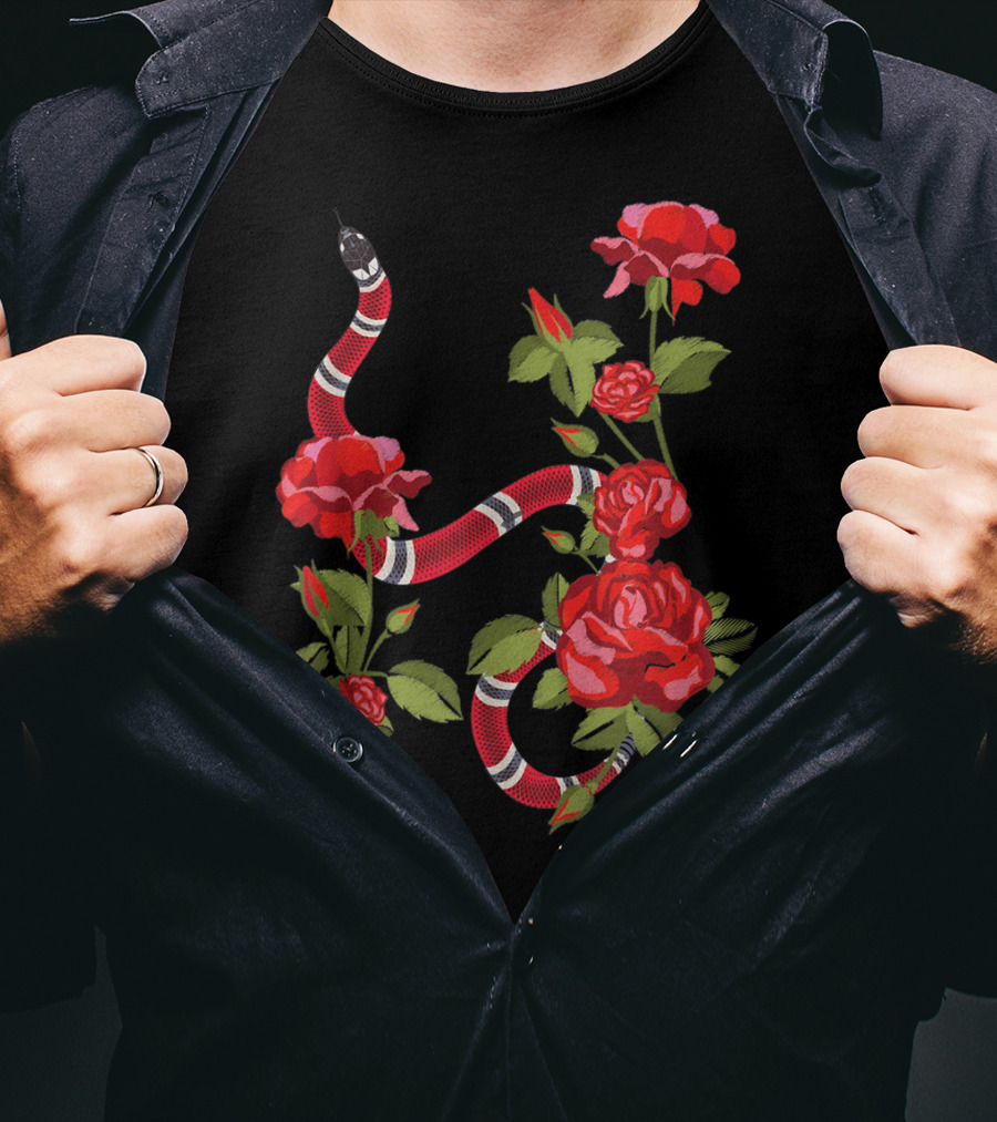 Royal Striped Snake And Flower Red Roses Botanical T-Shirt