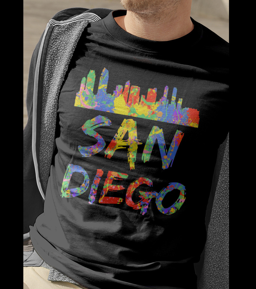 San Diego Rainbow Skyline Cali City Vibrant Text T-Shirt