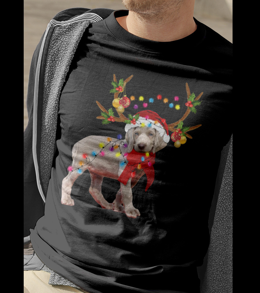 Santa Weimaraner Reindeer Christmas Lights T-Shirt