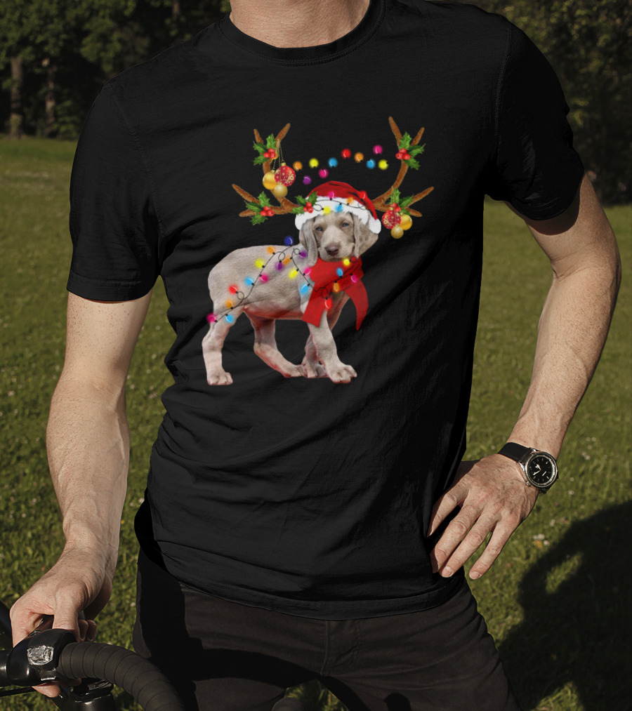 Santa Weimaraner Reindeer Christmas Lights T-Shirt