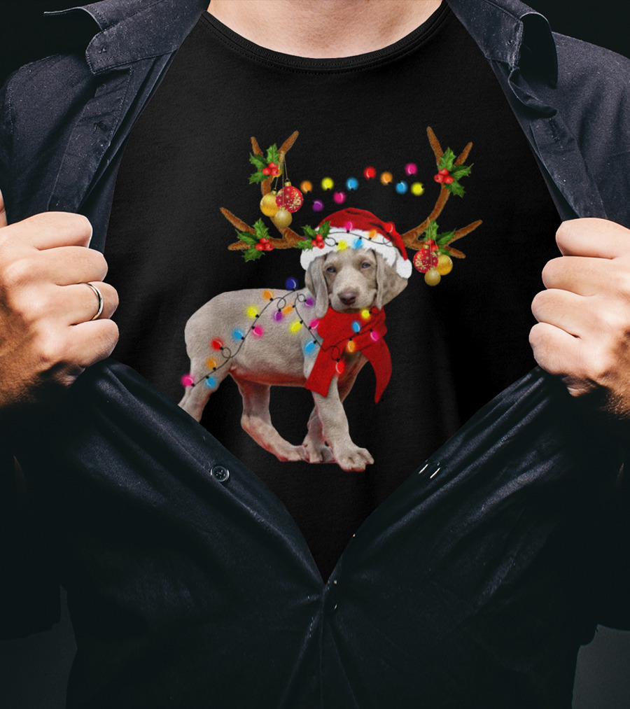 Santa Weimaraner Reindeer Christmas Lights T-Shirt