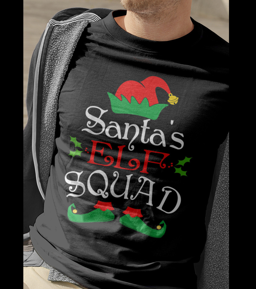 Santa's Elf Squad Christmas Elves Festive Holiday Team With Holly And Elf Hat T-Shirt