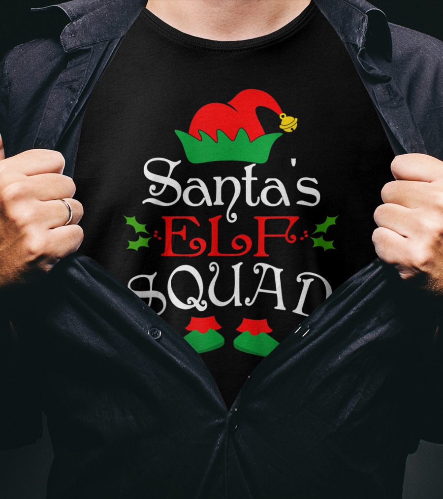 Santa's Elf Squad Christmas Elves Festive Holiday Team With Holly And Elf Hat T-Shirt