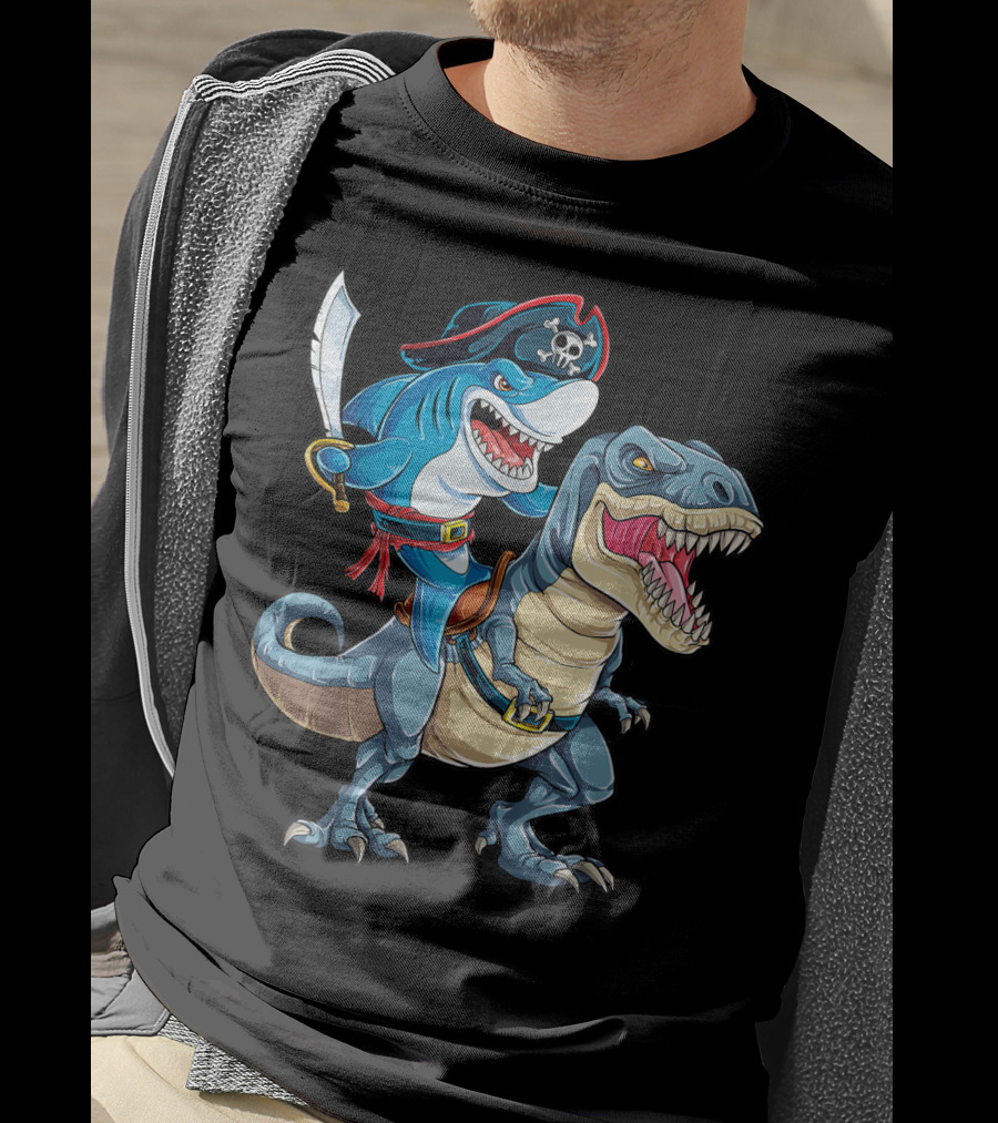 Shark Pirate Riding Dinosaur Rex Jawsome Adventure T-Shirt