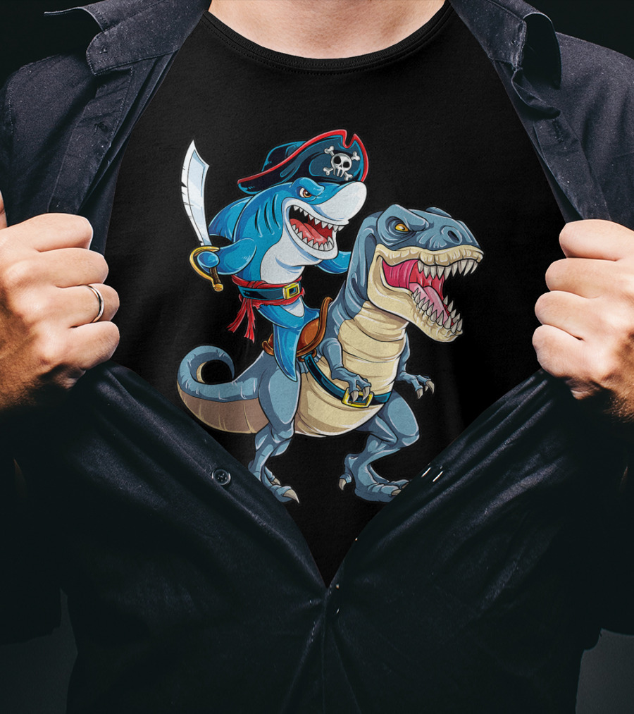 Shark Pirate Riding Dinosaur Rex Jawsome Adventure T-Shirt