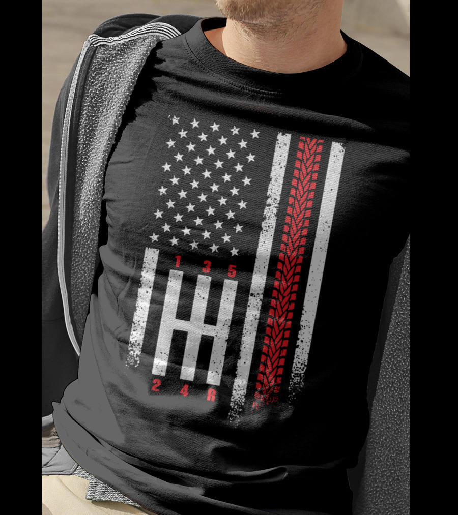 Shift Mechanic Gears American Flag Racing Tire Tracks T-Shirt