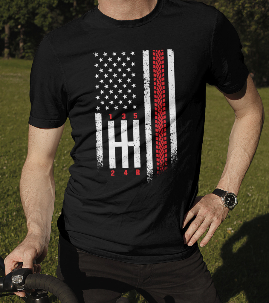 Shift Mechanic Gears American Flag Racing Tire Tracks T-Shirt